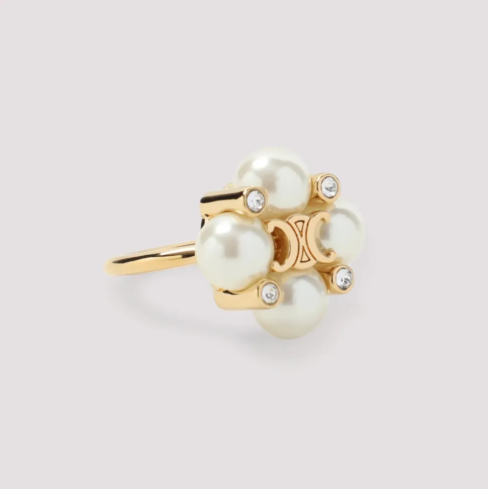 Anillo de latón dorado con cristal y perla