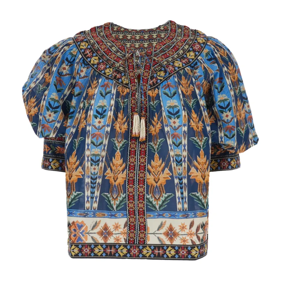 Blusa de Manga Corta con Bordado de Tapiz