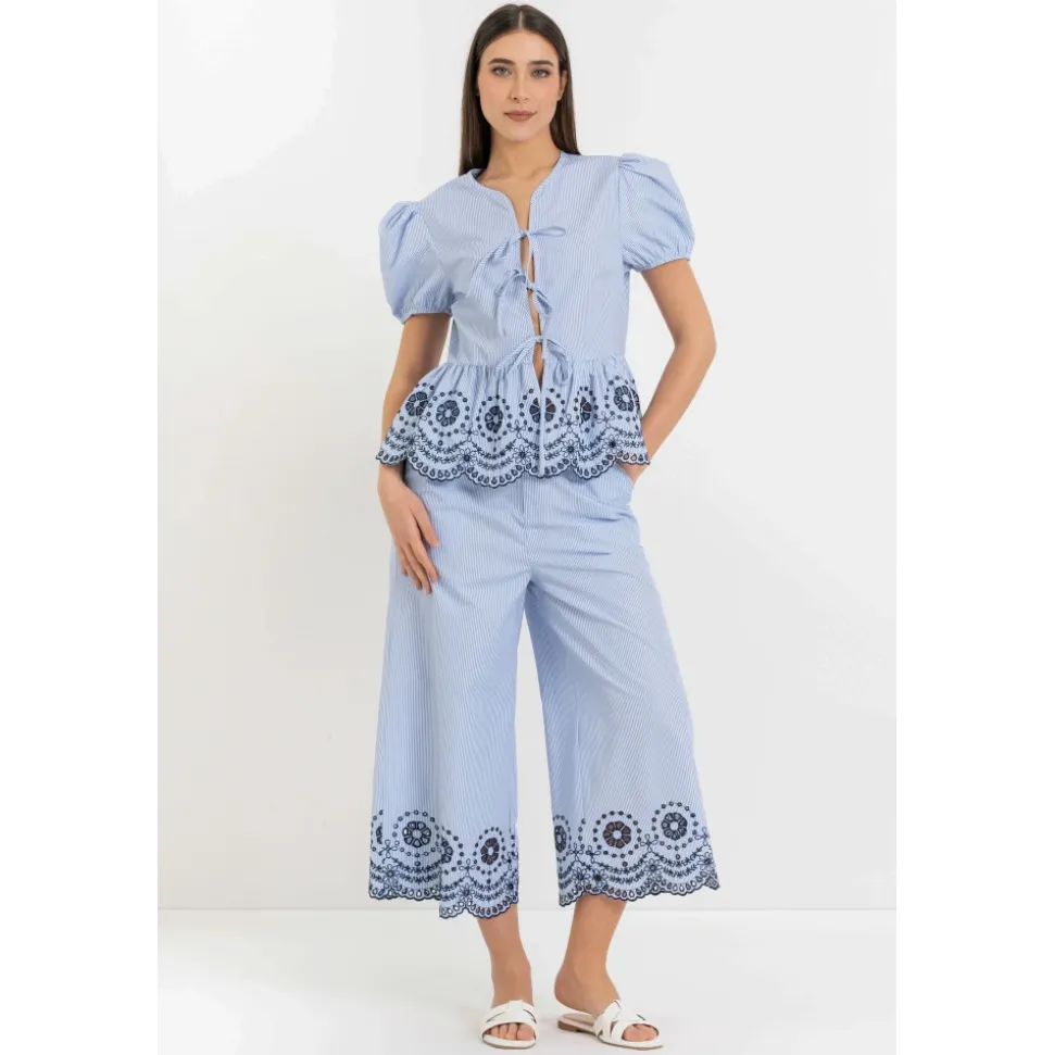 Blusa de Rayas con Mangas Abullonadas y Peplum Bordado