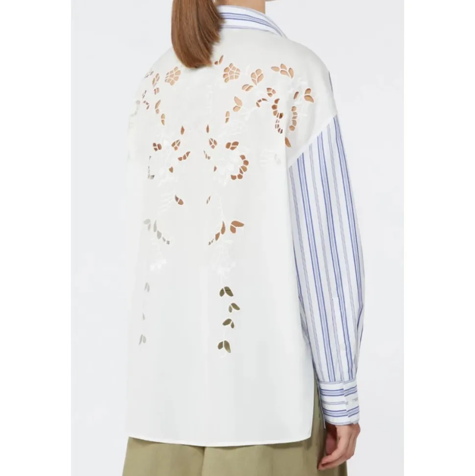 Camisa Abotonada de Popelina a Rayas con Bordado Inglés Tessile