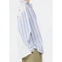 Camisa Abotonada de Popelina a Rayas con Bordado Inglés Tessile