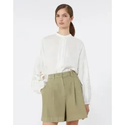 Camisa de Lino con Cuello Mao y Mangas Bordadas