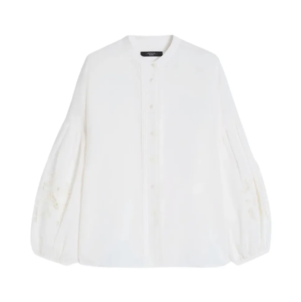 Camisa de Lino con Cuello Mao y Mangas Bordadas