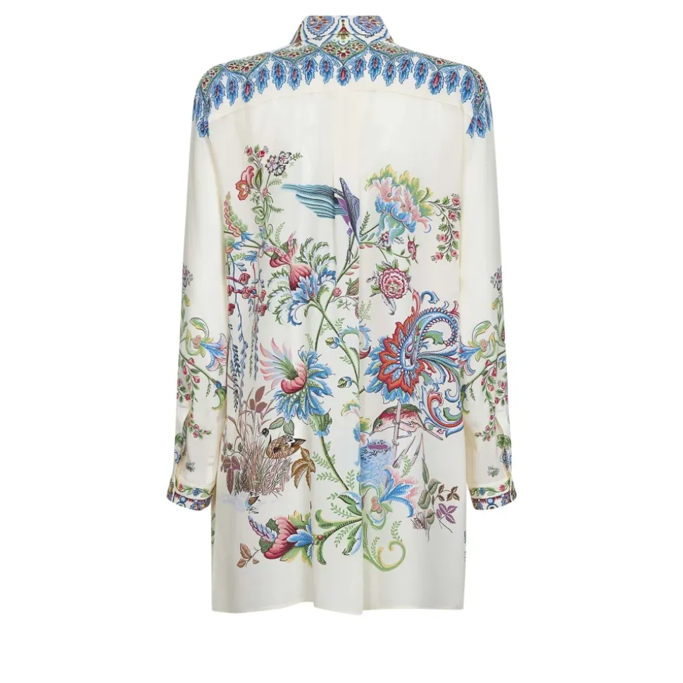 Camisa Larga de Seda con Estampado Floral Colocado