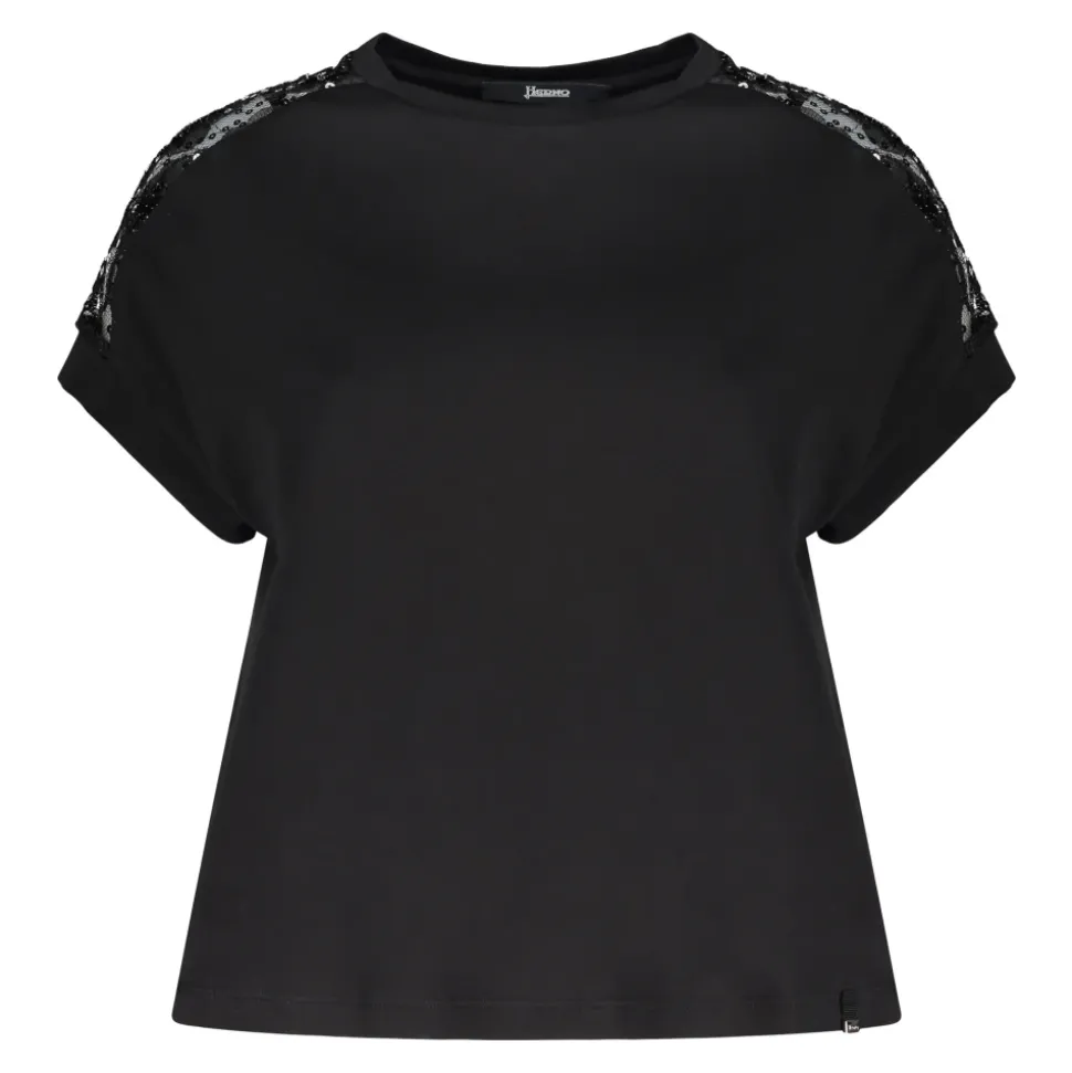 Camiseta de Algodón con Detalles de Encaje