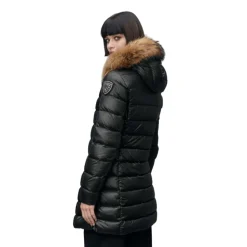 Chaqueta Negra Acolchada de Plumón con Ribete de Piel