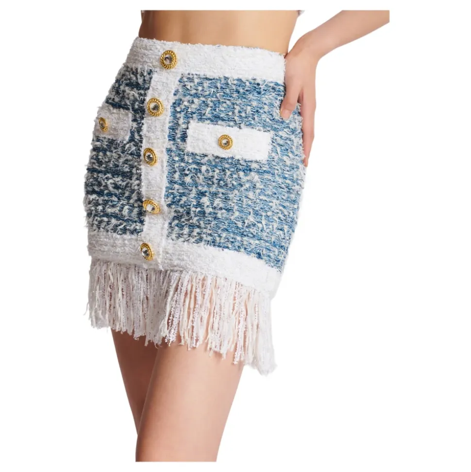 Falda de tweed denim con flecos