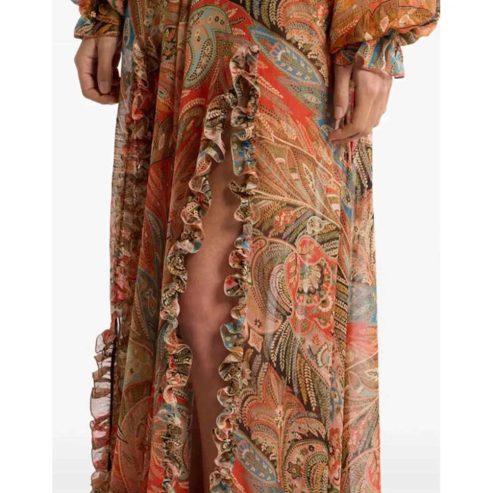 Falda Maxi de Seda con Estampado Paisley y Volantes