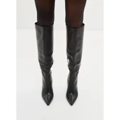 Timeless Black Leather Knee-High Boots - Sleek High Heel Footwear - Black