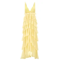 Vestido Amarillo de Georgette con Encaje y Cristales