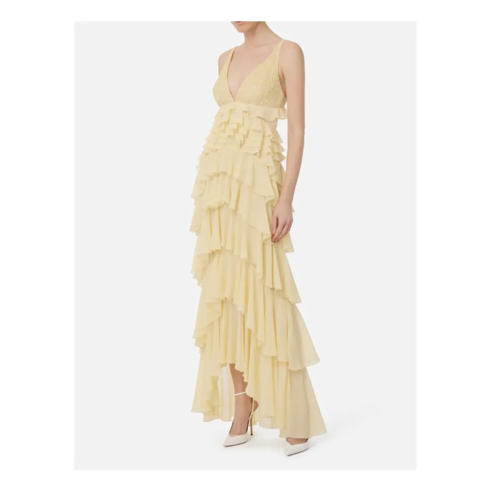 Vestido Amarillo de Georgette con Encaje y Cristales