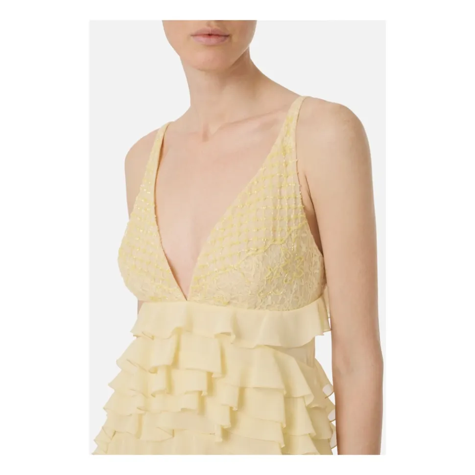 Vestido Amarillo de Georgette con Encaje y Cristales