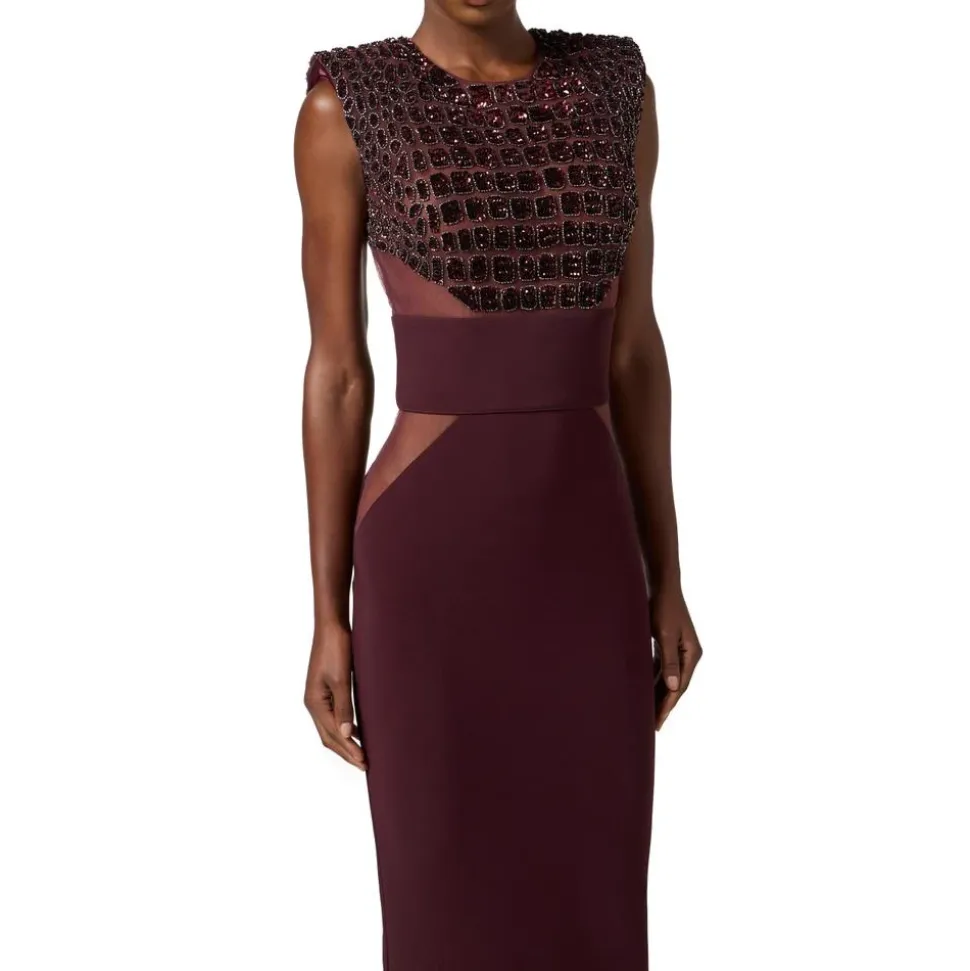 Vestido en crepé ligero y tejidos de tul con bordados efecto cocodrilo