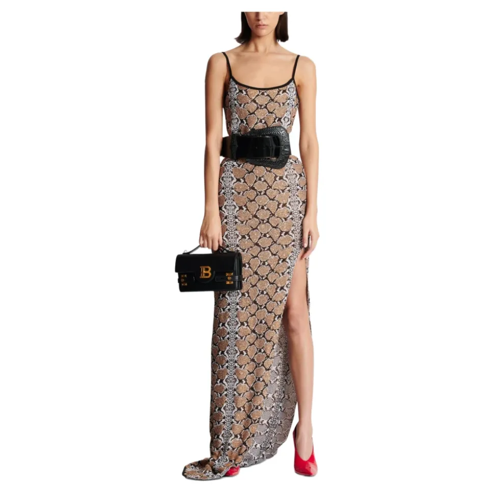 Vestido largo de punto con estampado de serpiente y tirantes