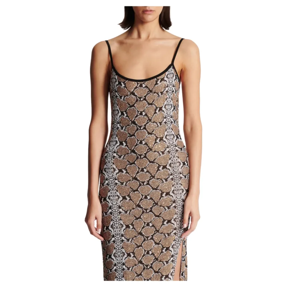 Vestido largo de punto con estampado de serpiente y tirantes