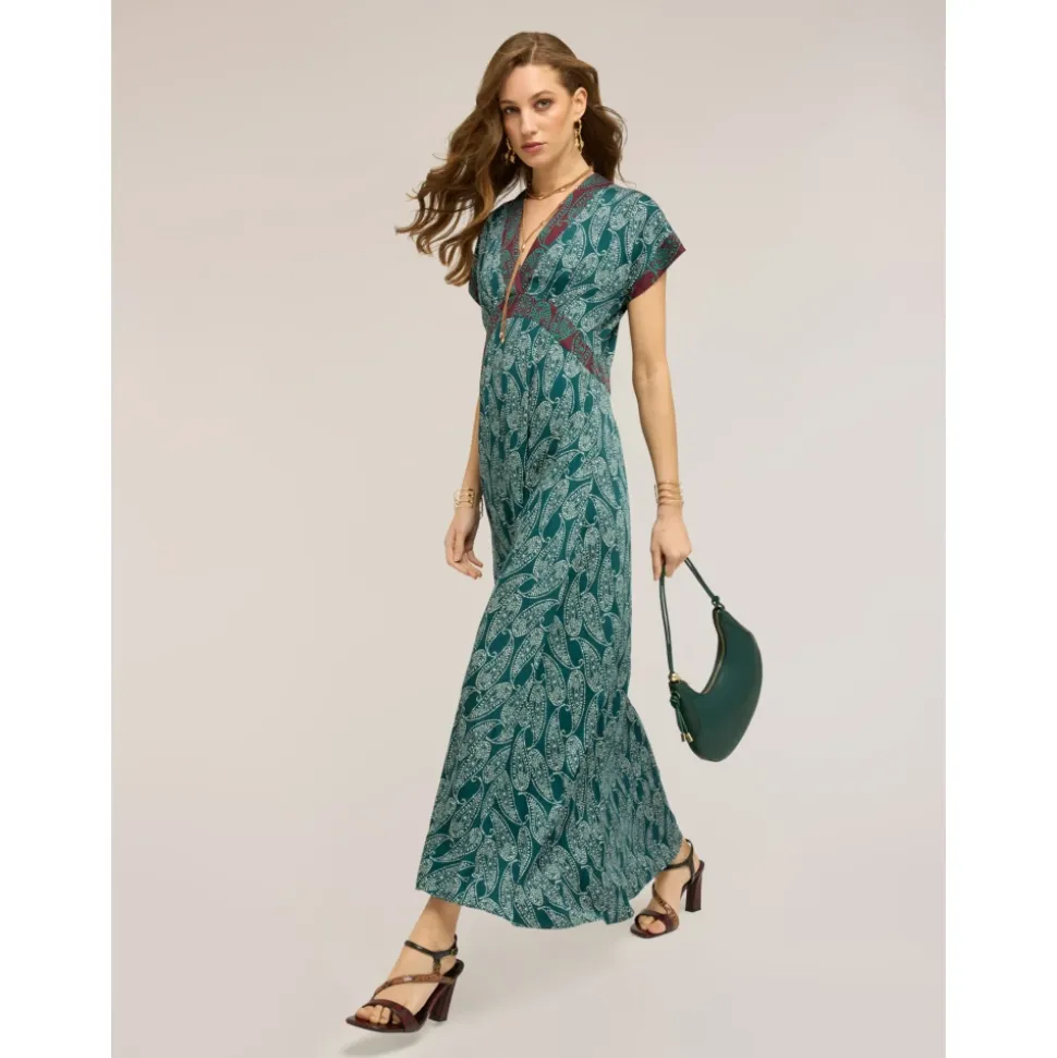 Vestido largo en satén con estampado de cachemira