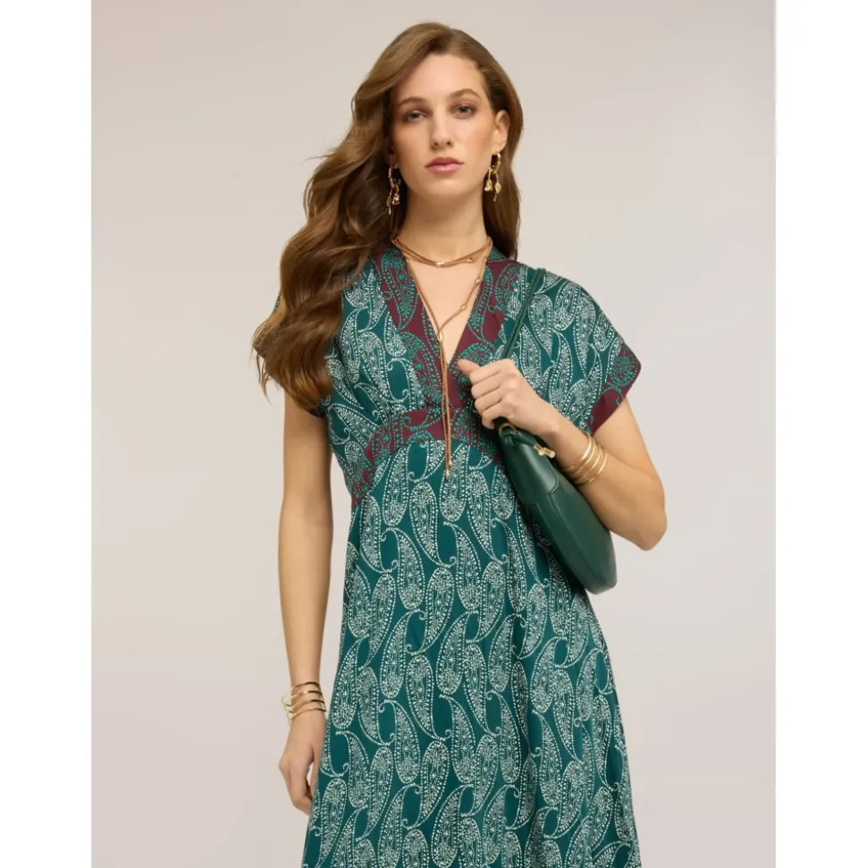 Vestido largo en satén con estampado de cachemira