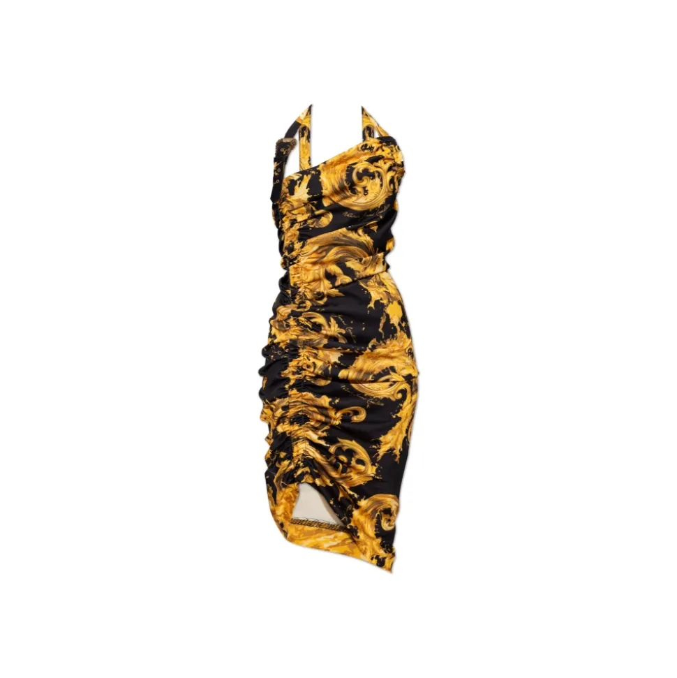Vestido midi drapeado asimétrico con un hombro descubierto y estampado