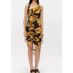 Vestido midi drapeado asimétrico con un hombro descubierto y estampado