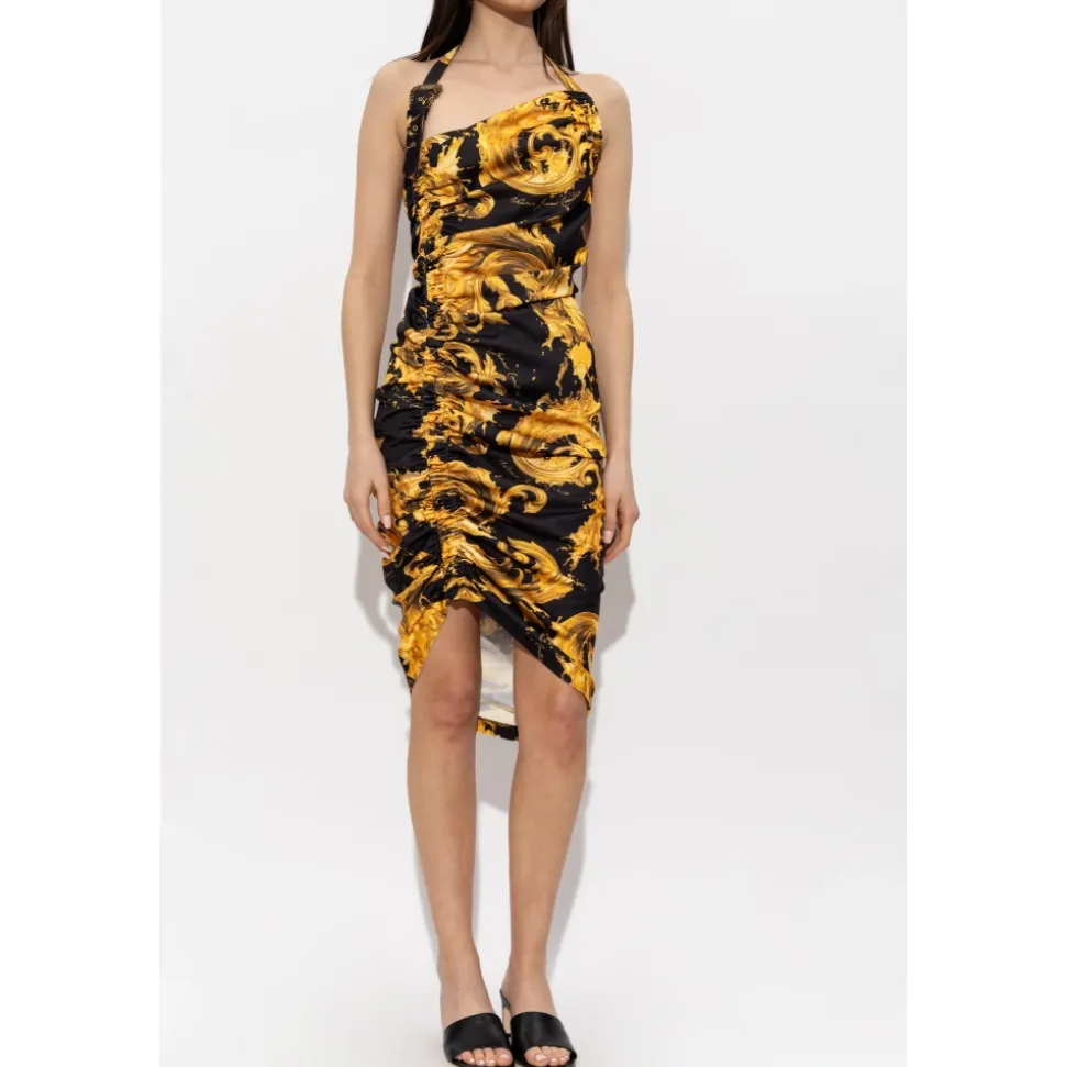 Vestido midi drapeado asimétrico con un hombro descubierto y estampado