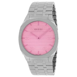 YA163410 - Caja de acero inoxidable de 38 mm de varias capas, esfera blanca con motivo Interlocking G y cristal rosa, pulsera de acero inoxidable de cinco eslabones