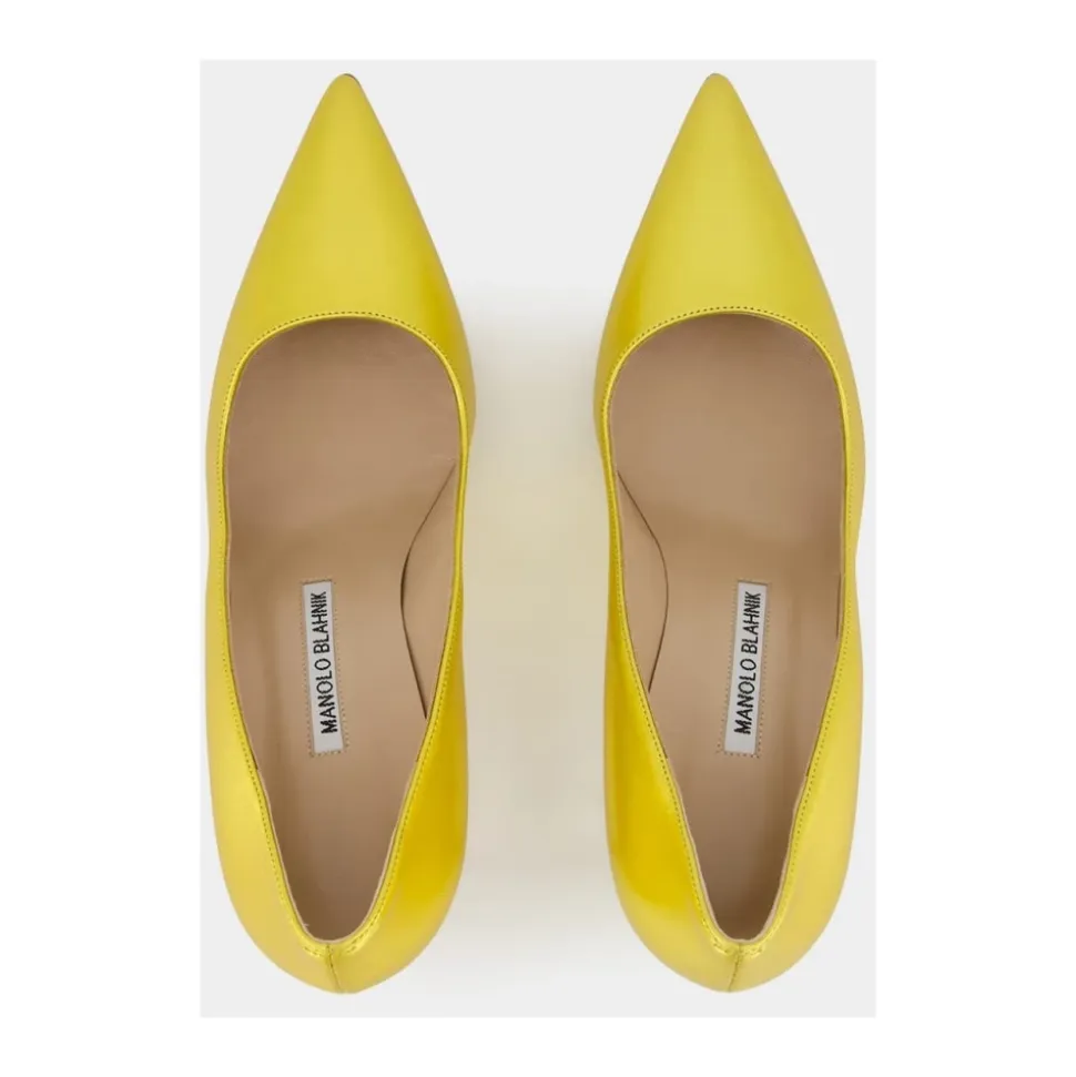 Zapatos de Tacón de Cuero Amarillo con Puntera