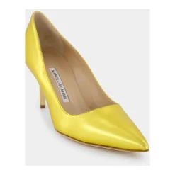 Zapatos de Tacón de Cuero Amarillo con Puntera