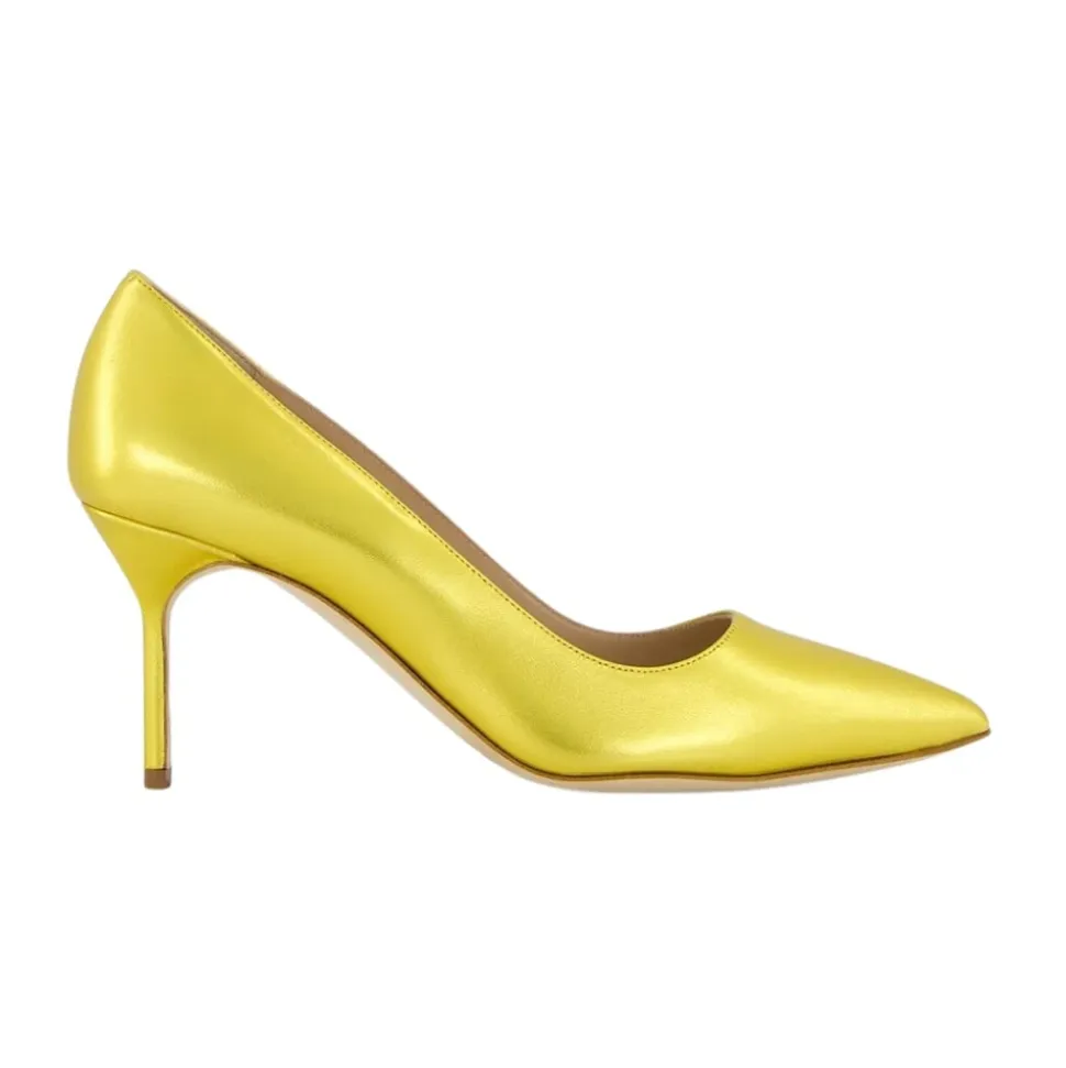 Zapatos de Tacón de Cuero Amarillo con Puntera