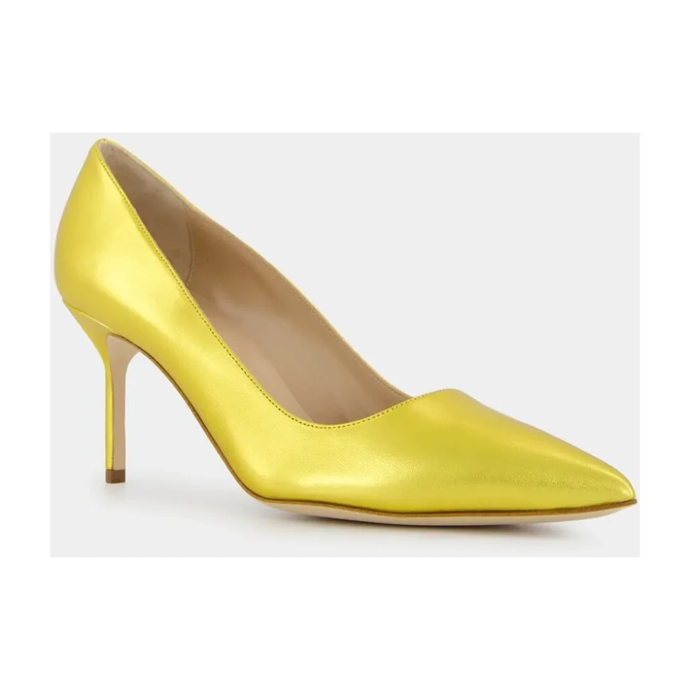 Zapatos de Tacón de Cuero Amarillo con Puntera